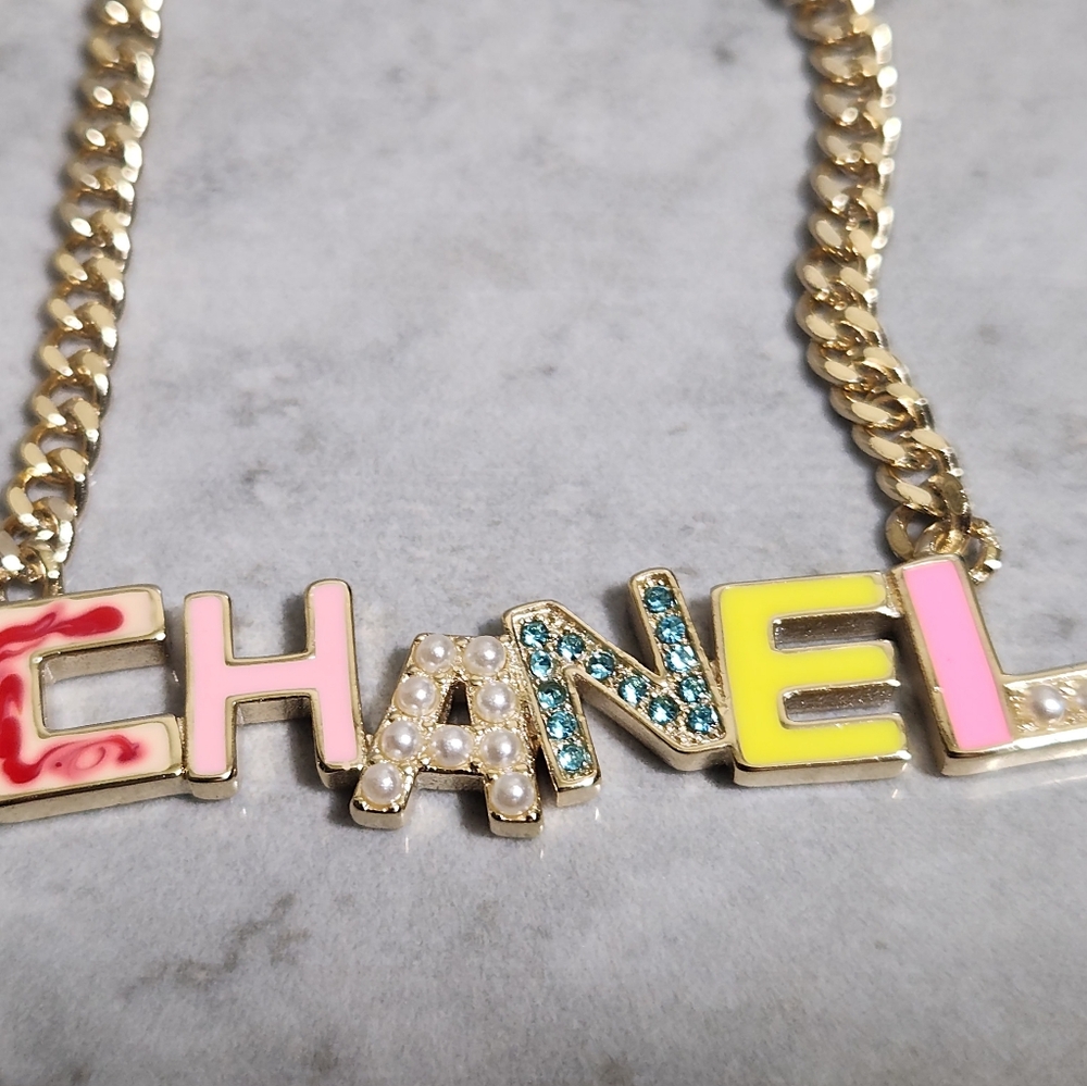 CHANEL Multicolor Enamel Logo Pendant Necklace in Gold✨️ - Picture 2 of 8